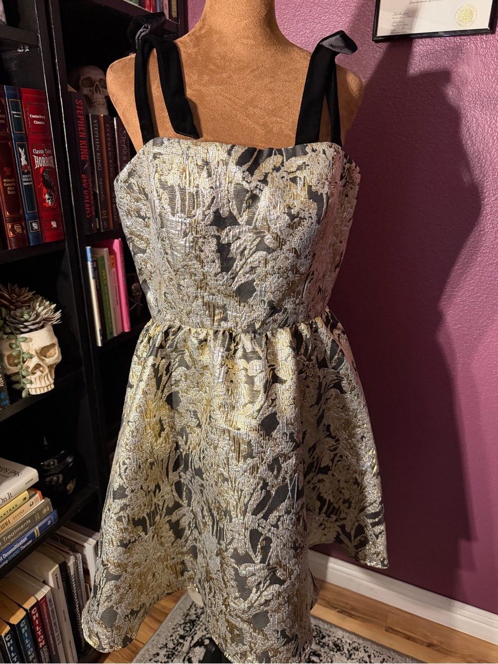 Metallic Gold & Black Floral Fit-and-Flare Dress with Ribbon Straps- Cece